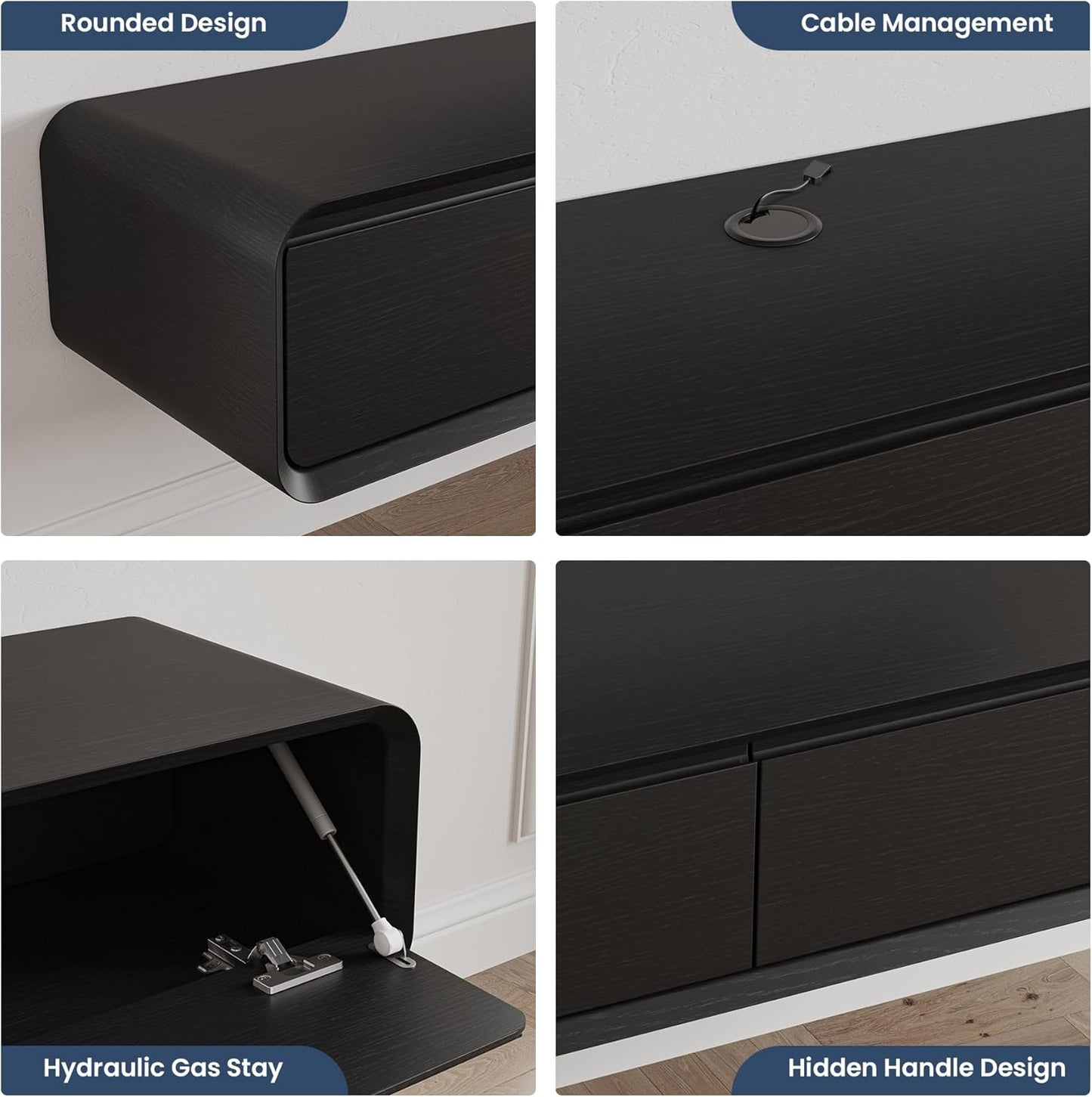 Fully-Assembled Minimalist Floating TV Stand, Modern Wall-Mounted Entertainment Center with 3 Flip-Down Cabinet Doors, Solid Wood, Black Oak, 78"