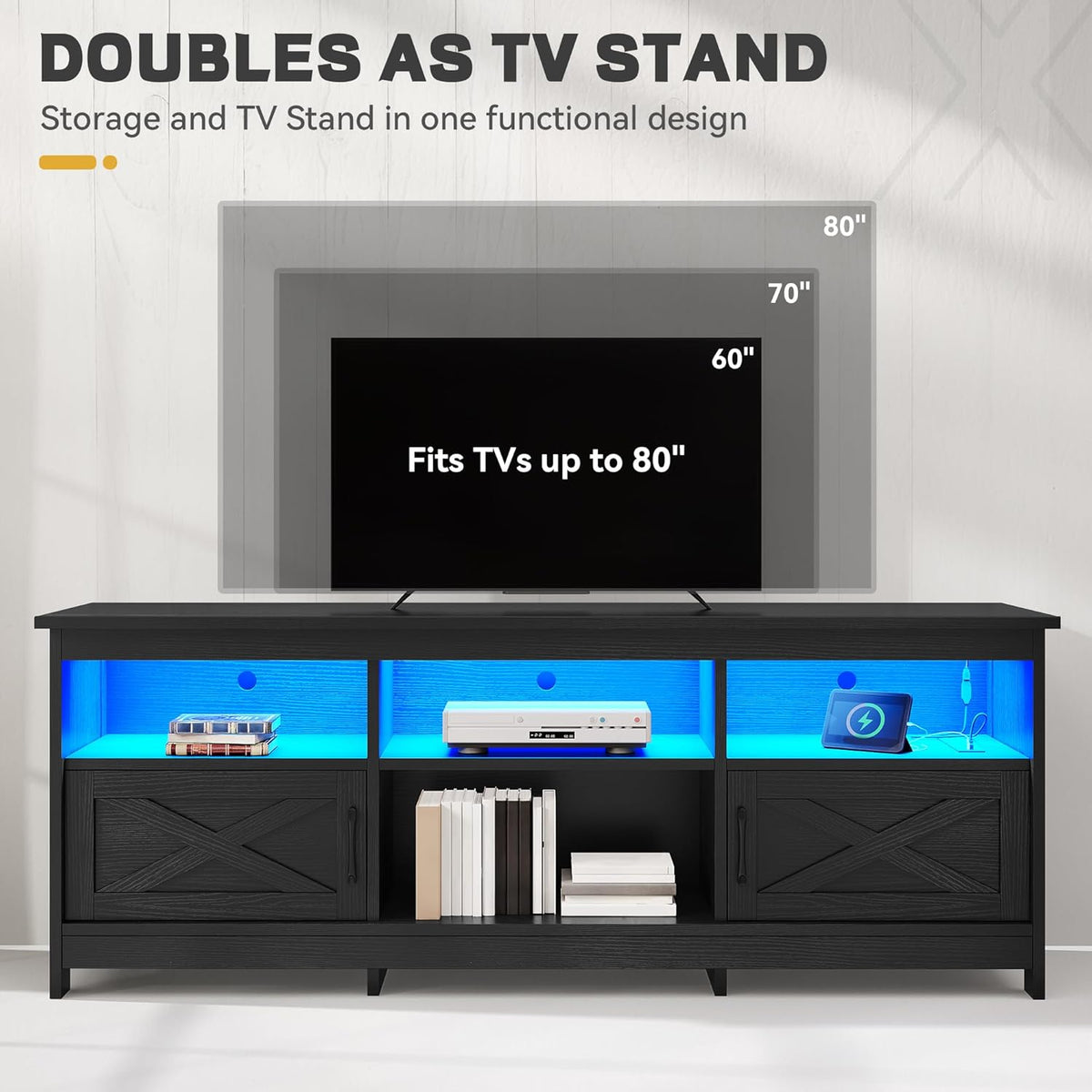 YITAHOME TV Stand for 80/75/70 Inch TVs with LED Lights, Farmhouse Entertainment Center with Storage Cabinets, Open Shelves & Adjustable Shelf for Living Room, Black