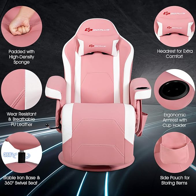 POWERSTONE Gaming Recliner Massage Gaming Chair with Cup Holder Ergonomic PU Leather Single Sofa with Footrest and Side Pouch, Adjustable Living Room Chair Home Theater Seating (Pink)