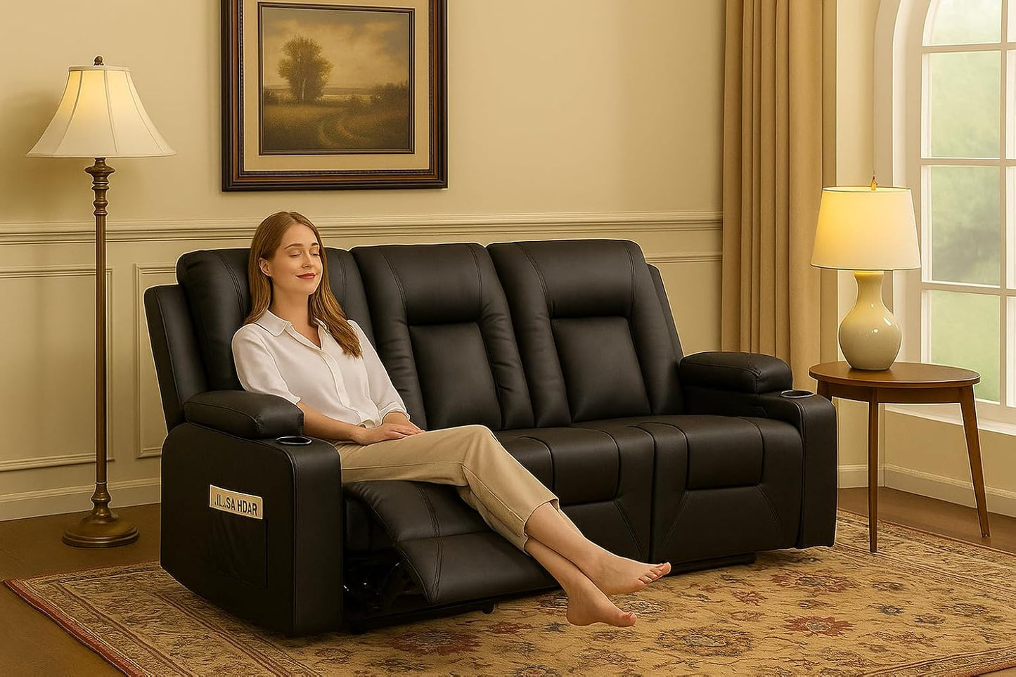 LUCKLIFE Leather Recliner Sofa Set with Manual Recliners,Living Room Furniture Set with Reclining Couch,Loveseat and Armchair,Living Room Chair with Cup Holders,Black (3+2+1)