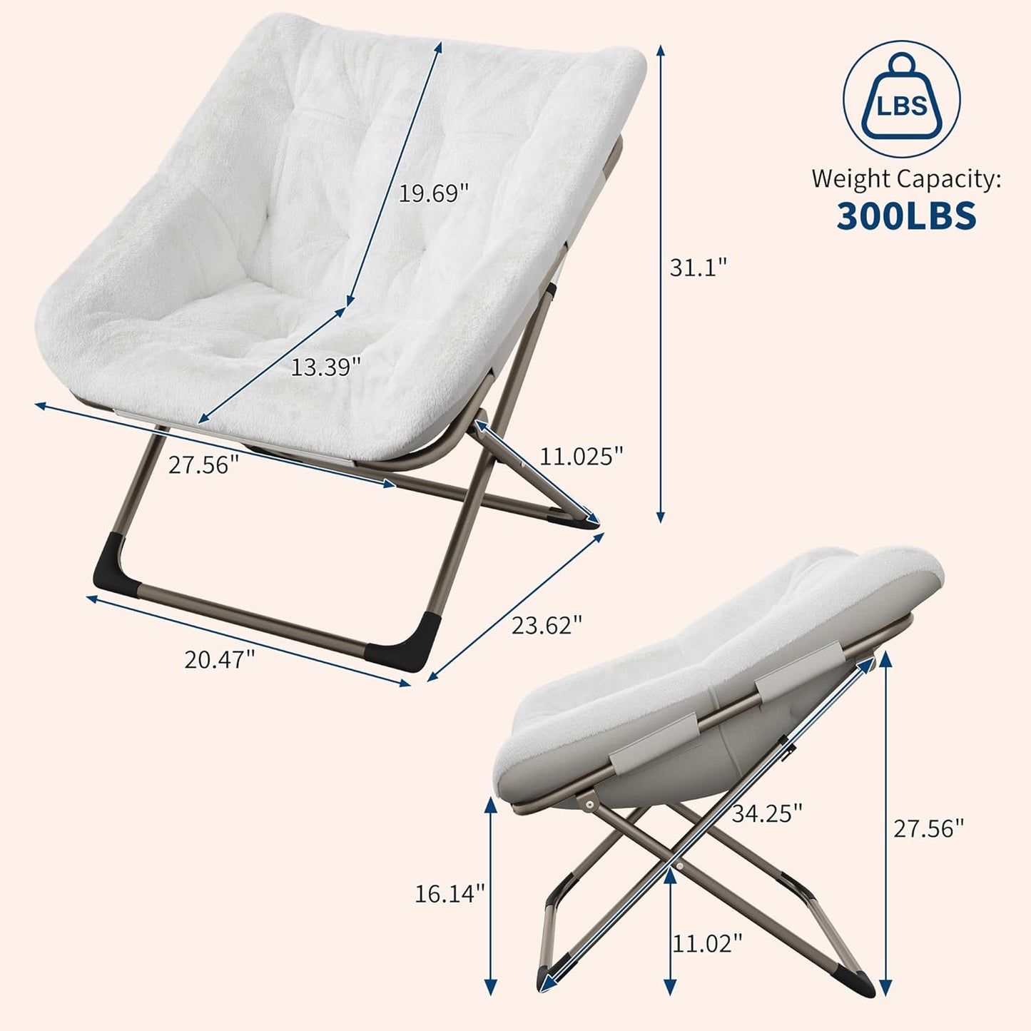 Comfy Chair for Adults, Foldable Living Room Chairs, Soft Faux Fur Folding Lounge for Bedroom Living Room Dorm Rooms, Flexible Reading Chair for Teens (2, White, X-Large)