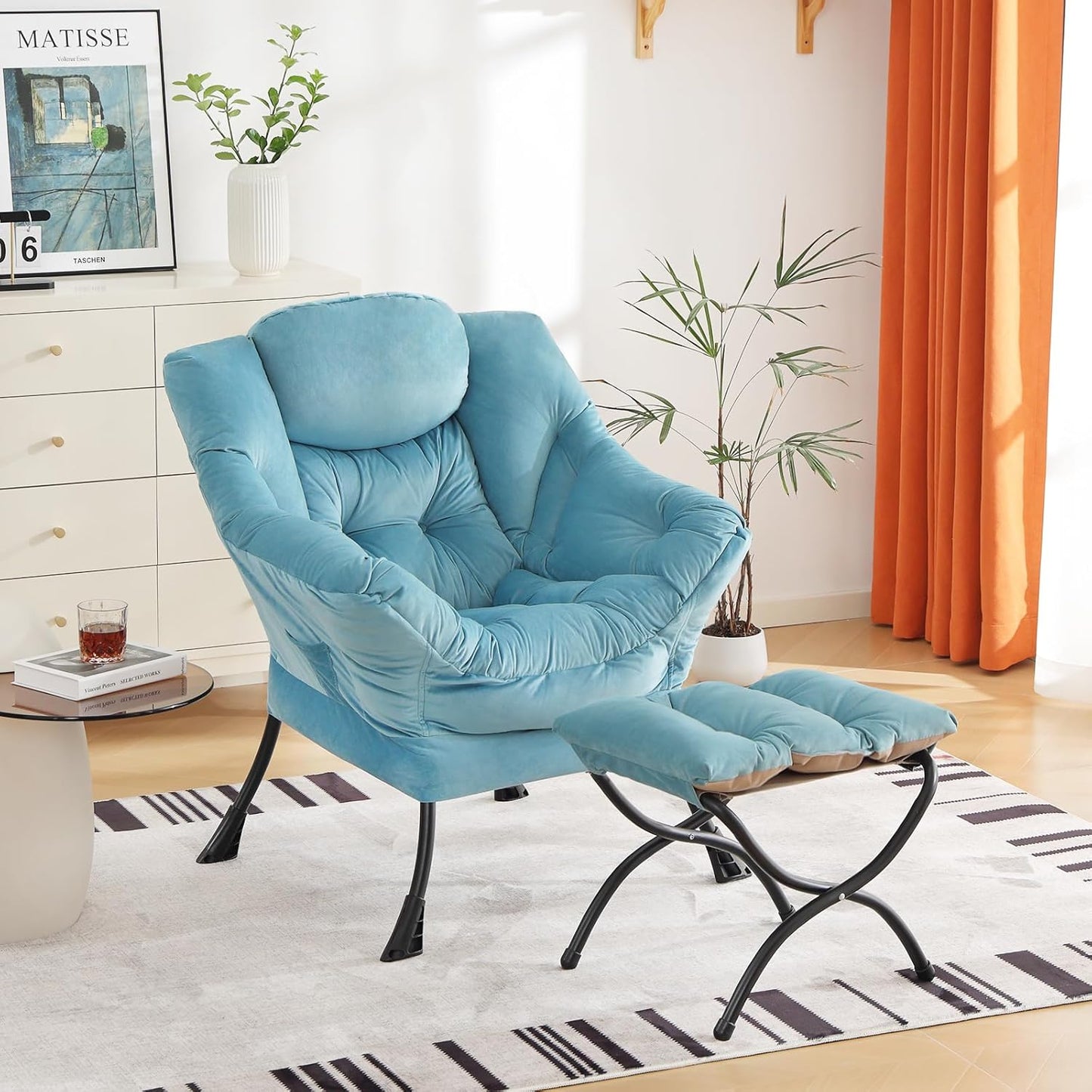 Cozy Lazy Chair and Ottoman, Large Contemporary Accent Lounge Chair Set, Leisure Upholstered Reading Armchair for Bedroom, Living Room, Dorm Rooms, Office