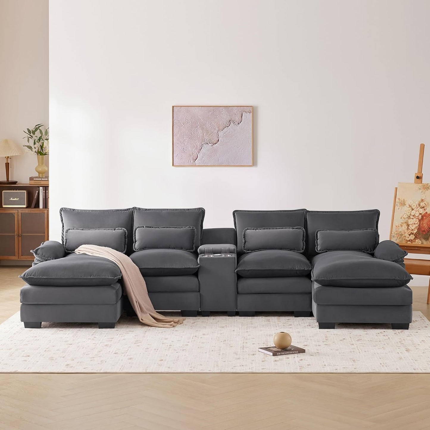 Merax U-Shaped Sectional Sofa with Cupholders, Console and USB Charging Ports, 6-seat Velvet Upholstered Sleeper Couch with Symmetrical Chaise for Living Room, Apartment, 123", Gray
