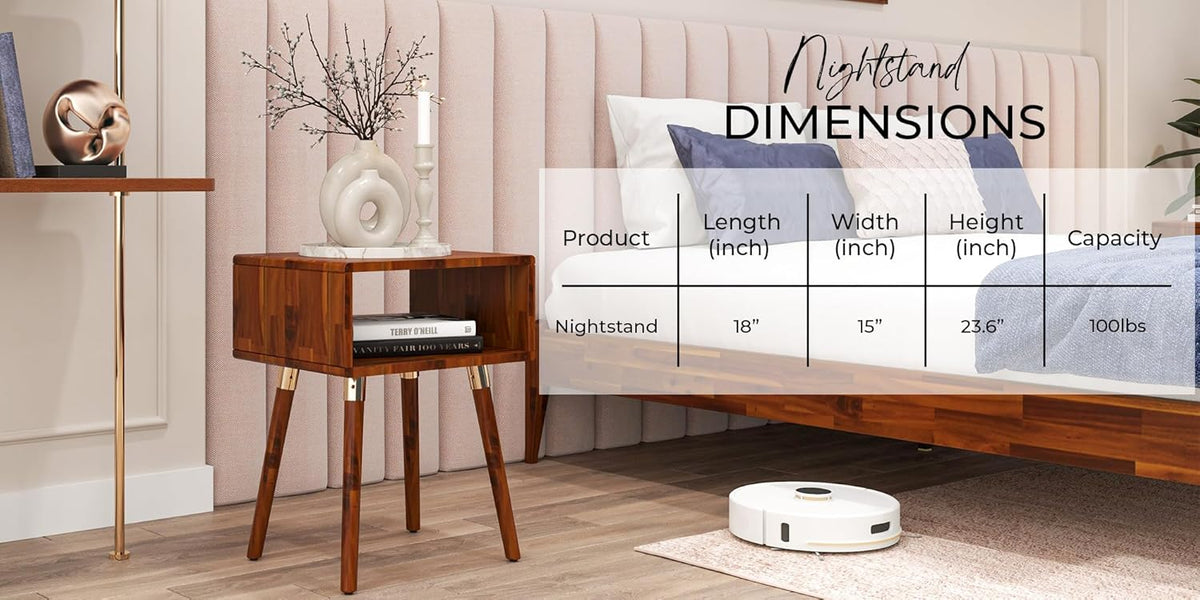 Bme Dinkee Solid Wood Nightstand, Fully Assembled, Without Drawer for Mid Century Bedroom and Living Room, Dark Chocolate