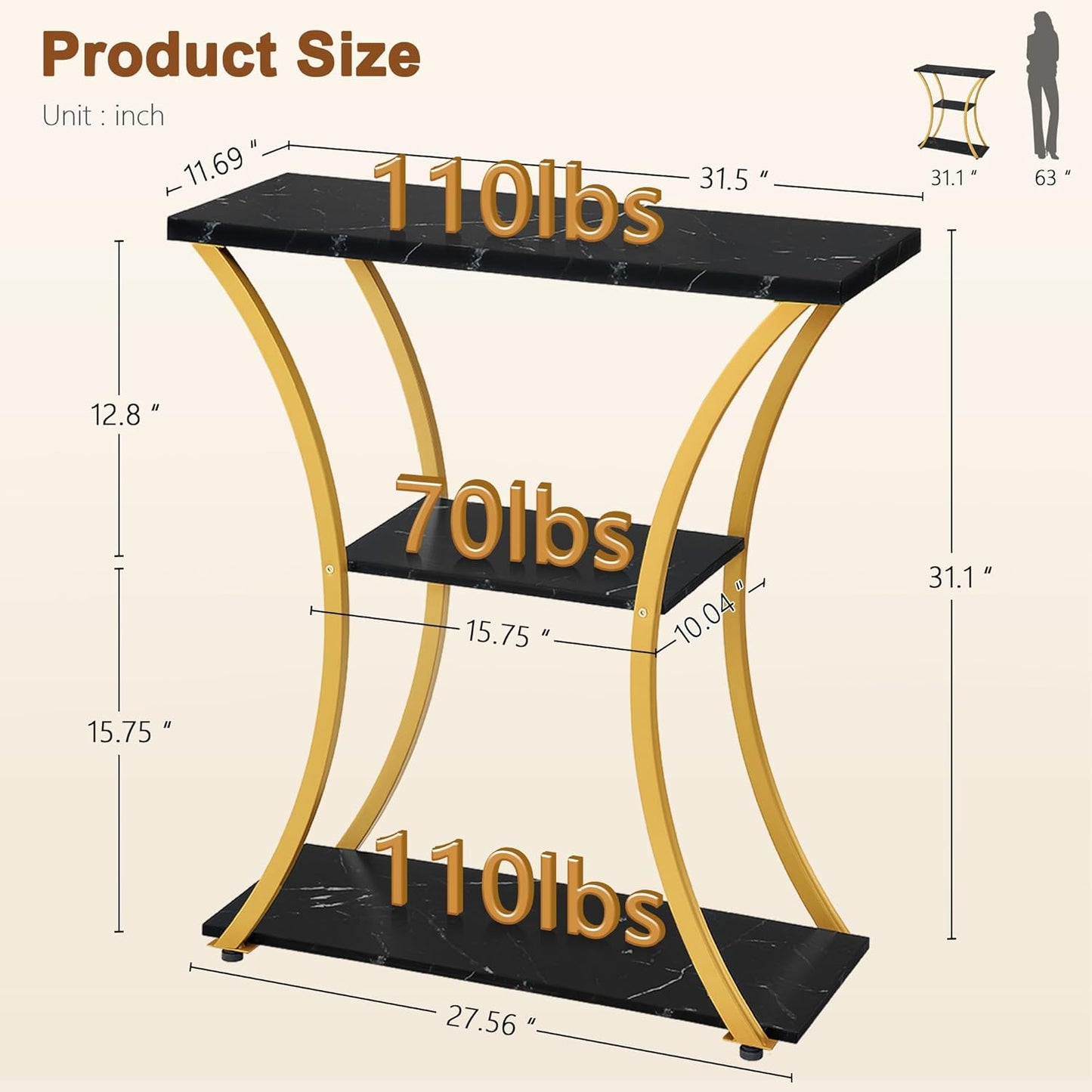 Hoctieon 3 Tier Console Table with Open Wood Shelves, Decorative Entryway Table with Curved Metal Frames, Narrow Sofa Table for Entrance, Living Room, Hallway, Gold and Black Marbled