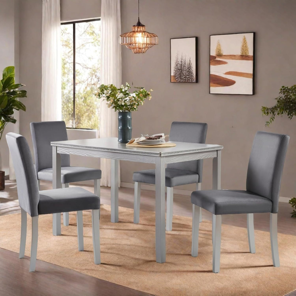 Dining Table Set for 4, 5-Piece Dining Room Table Set with Rectangular Crystal Decoration Table & 4 Upholstered Backrest Chairs, Counter Height Kitchen Sets with MDF Tabletop, Grey