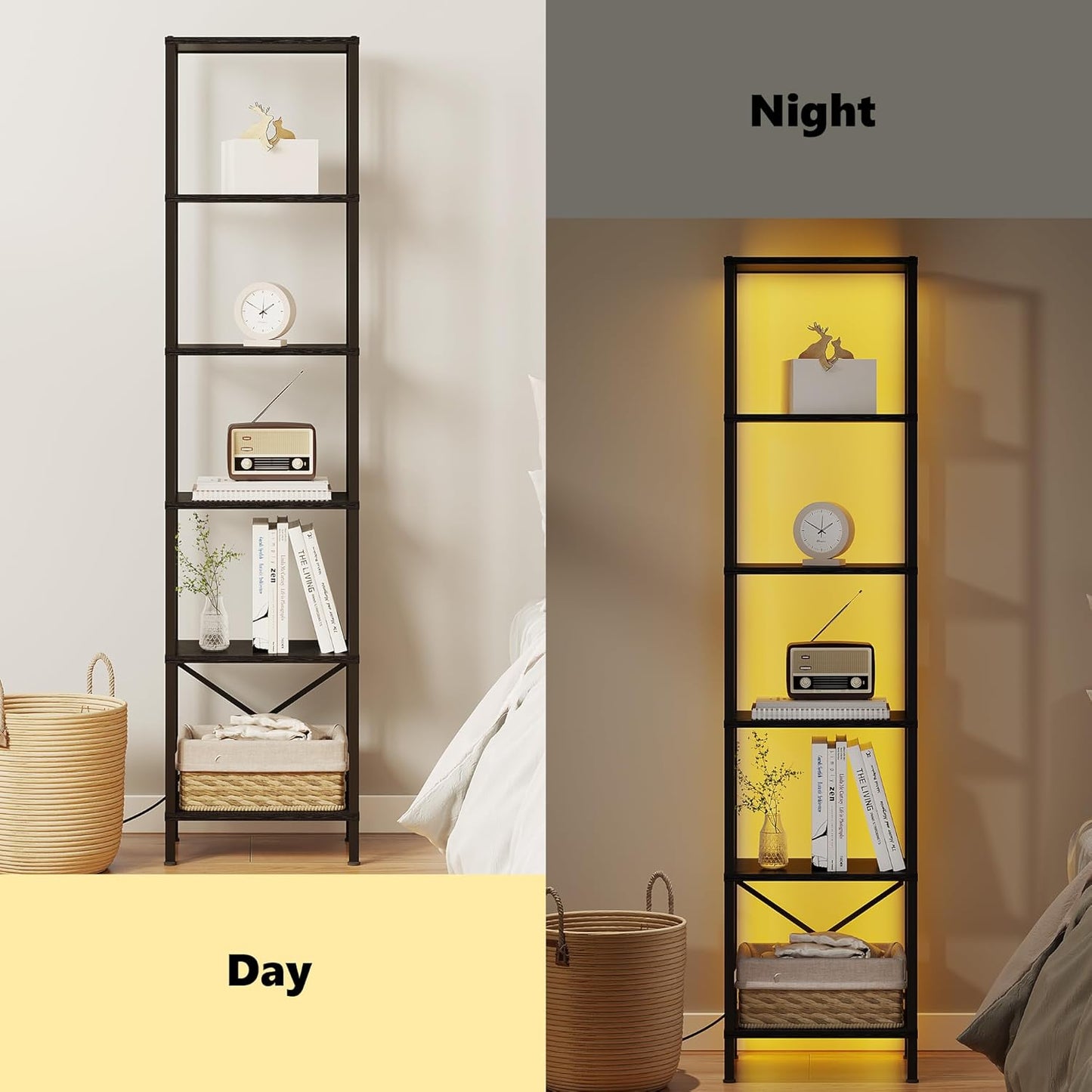 6-Tier Bookshelf, Tall Narrow Bookcase with LED Lights, Book Shelf with Steel Frame, Display Storage Shelf for Living Room, Bedroom, Home Office, Study, Balcony, Black