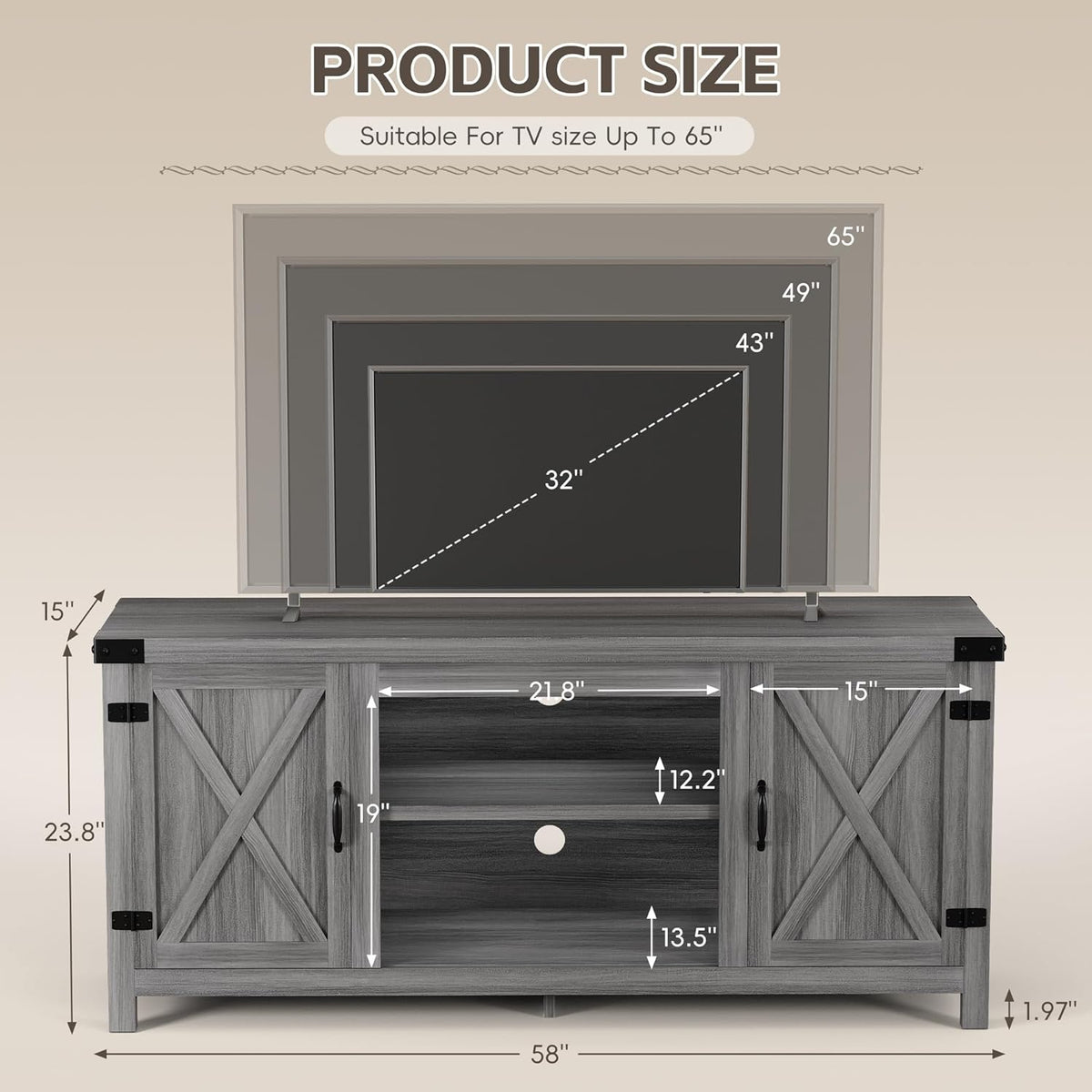YESHOMY Modern Farmhouse TV Stand with Two Barn Doors and Storage Cabinets for Televisions up to 65+ Inch,Entertainment Center Console Table,Media Furniture for Living Room, Grey