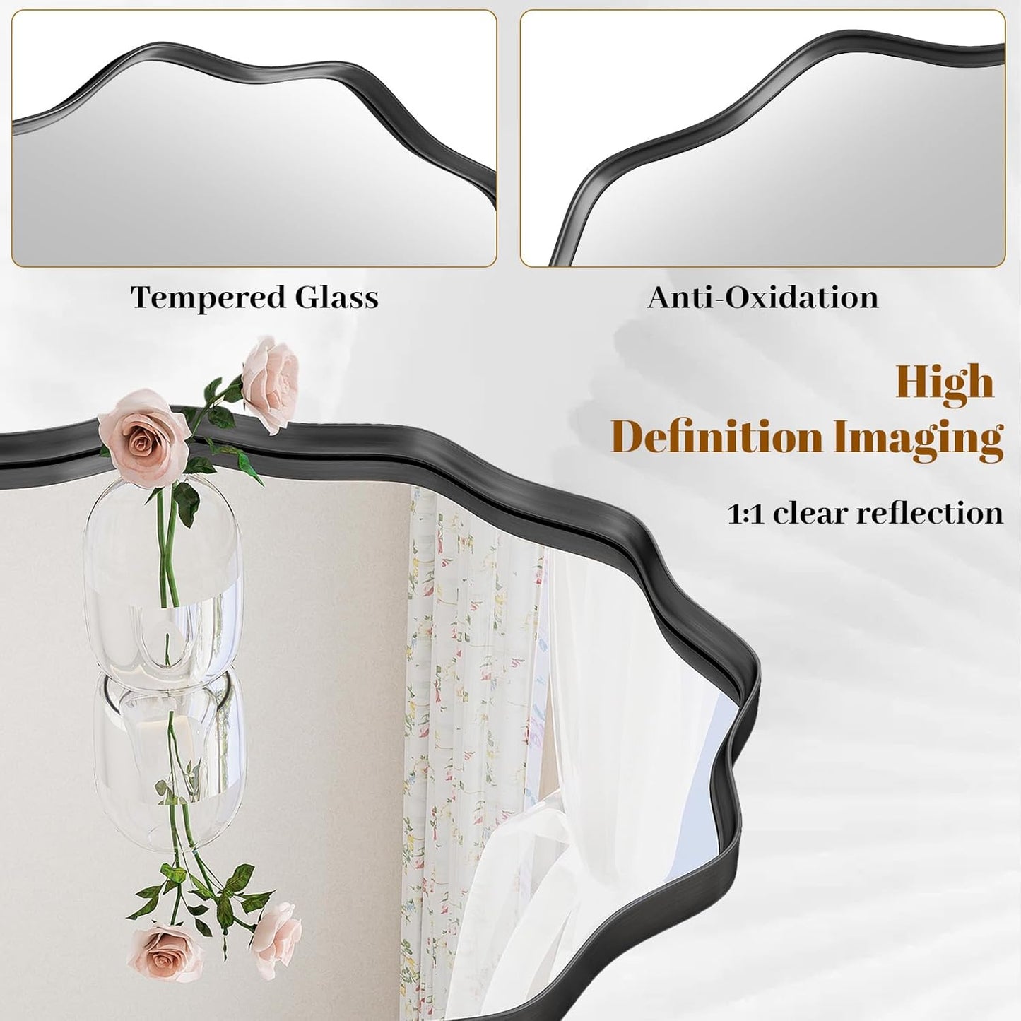 Round Wavy Mirror, 24 Inch Metal Frame Circle Mirror, Round Wall Mounted for Entryway, Bathroom, Vanity, Living Room, Black