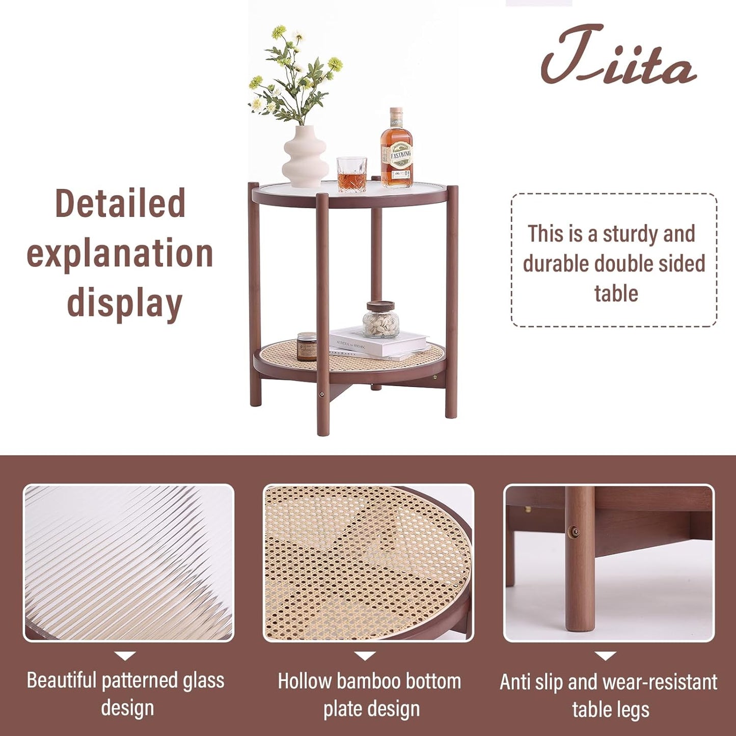 Tiita Rattan Coffee Table, Round End Table, 2-Tier Modern Side Table, Small Bamboo Living Room Side Table, Glass Sofa End Table for Balcony and Office Outdoor/Indoor (Walnut)