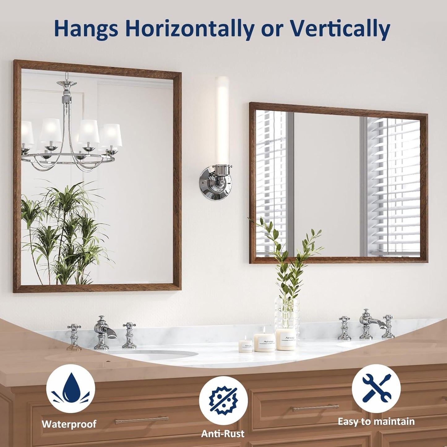 WEER Walnut Bathroom Mirror 24x36 Inch, Walnut Wood Grain Framed Mirror, Rectangle Wall Mounted Bathroom Vanity Mirror with Tempered Glass, Hangs Vertically or Horizontally, Anti-Rust