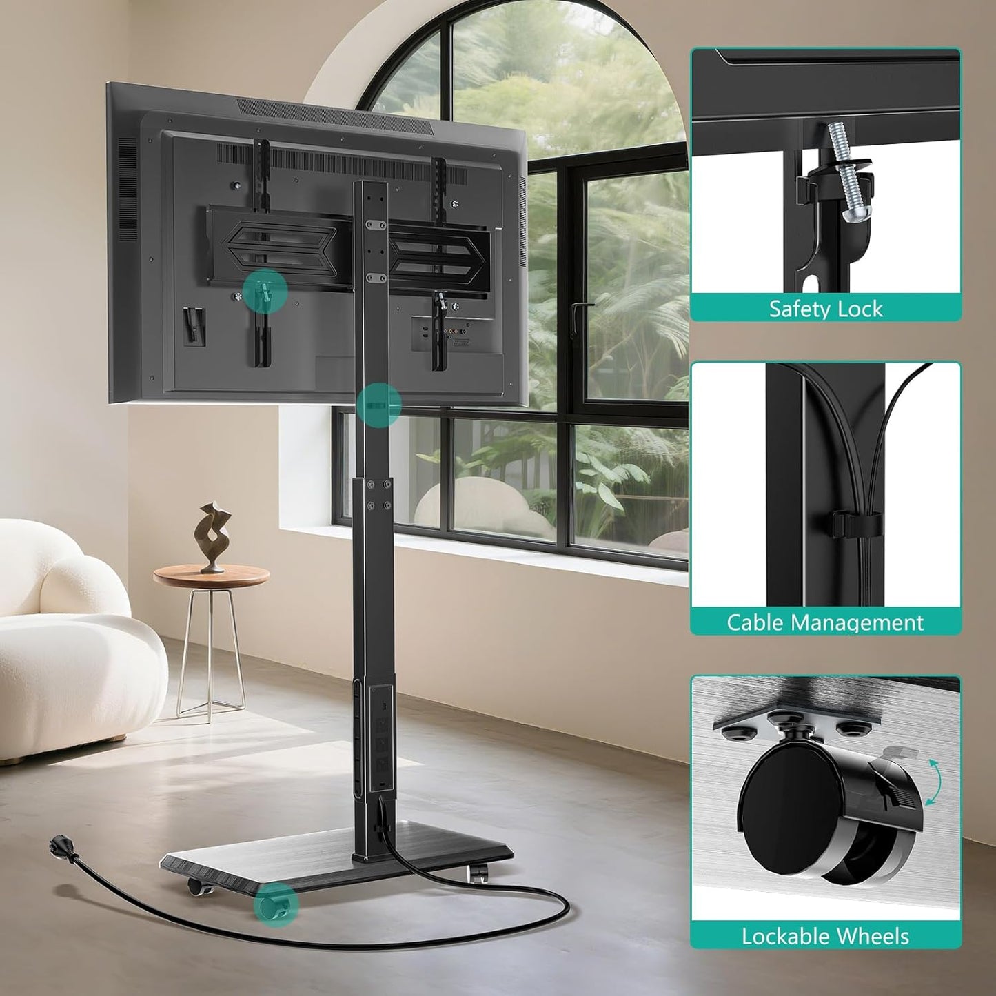 WALI Floor TV Stand with Power Outlet, Rolling Tall TV Stand Mount with Wheels for 32-75 inch TV up to 110 lbs, Swivel Height Adjustable TV Cart with Wood Base for Bedroom(TVDVD-7PR), Black