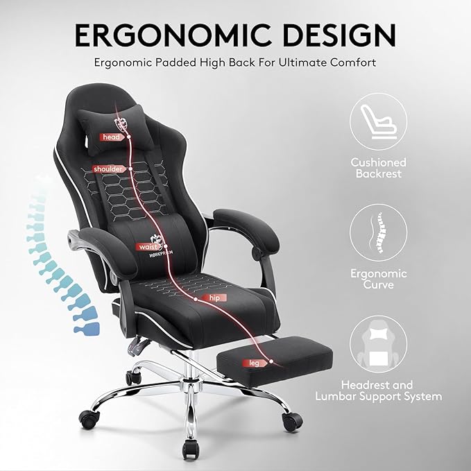 Gaming Chair Breathable Fabric,Computer Office Chair with Footrest,Massage Lumbar Support and Gel Pad,Ergonomic Reclining Adjustable Gamer Chair with Headrest and Spring Cushion Black