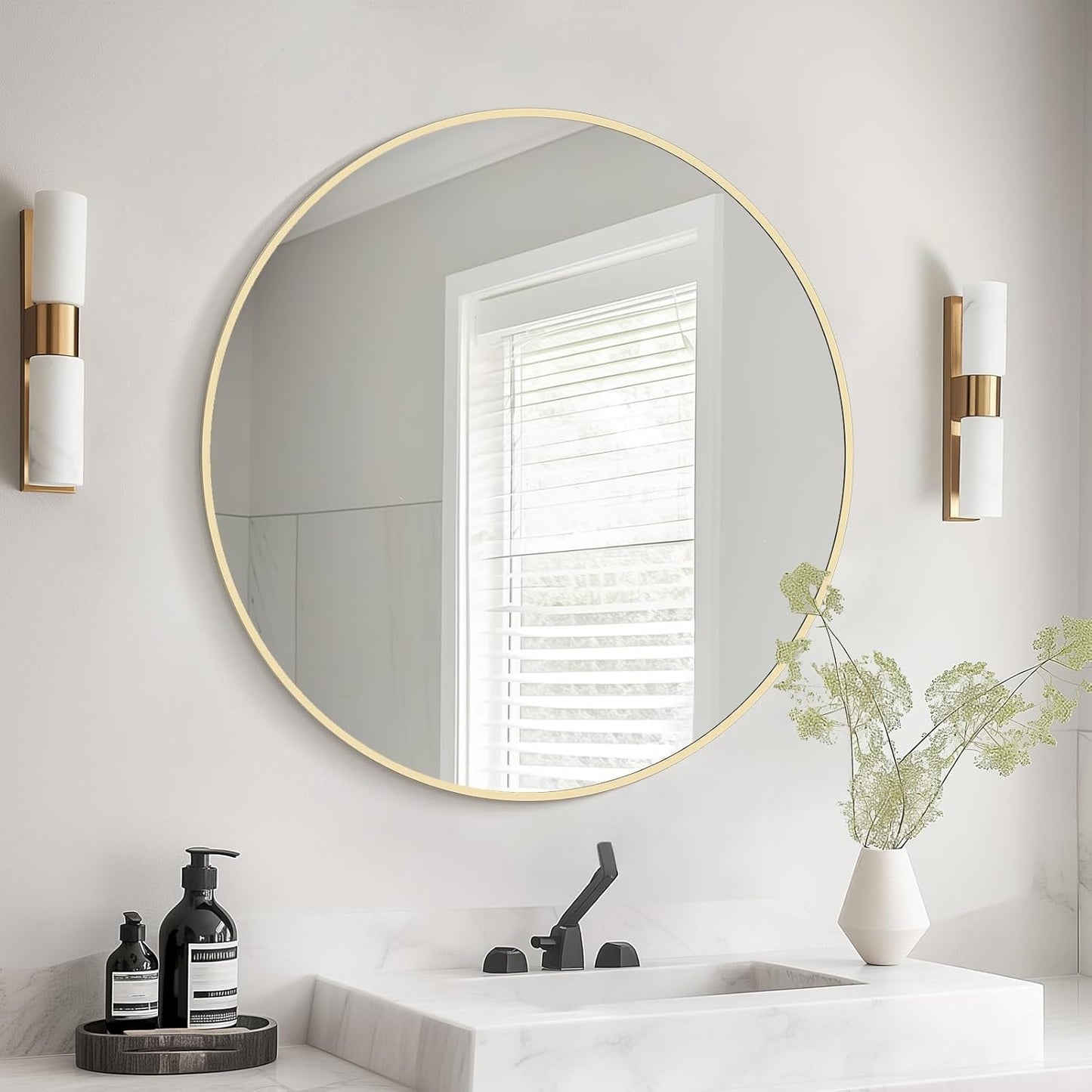 HOMECOOKIN Round Wall Mirror 24" Gold Circle Mirror for Bathroom with Metal Framed, Round Gold Mirror for Wall Decor, Vanity, Entryway Living Room