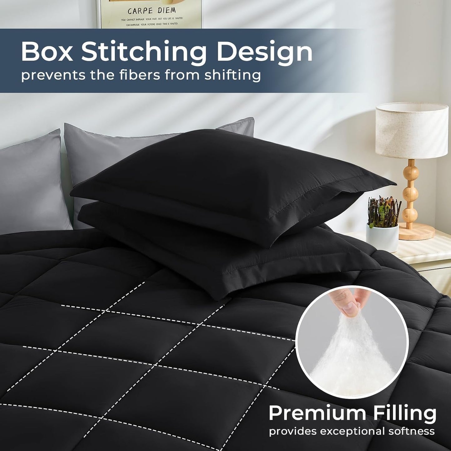 HEVUMYI Full Comforter Set - 7-Piece All Season Bed in a Bag Full, Ultra Soft Bedding Set with Comforter, Flat Sheet, Fitted Sheet, Pillowcases, Pillow Shams, Black & Light Grey