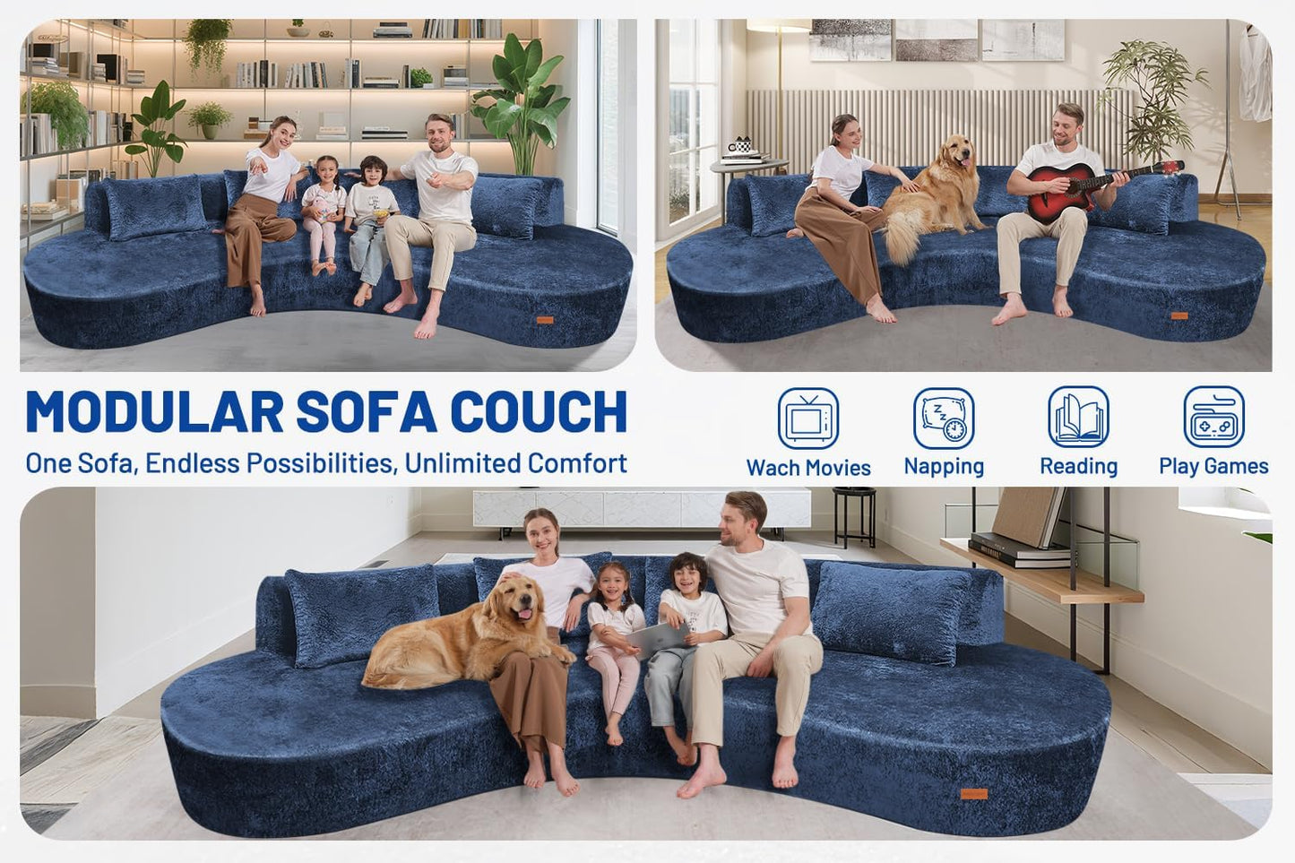 Homguava 130'' Modular Sectional Sofa,Curved Modern Sofa with Memory Foam,Deep Seat Cloud Couch with 4 Pillows,Upholstered Oversized Couches for Living Room Apartment Office,No Assembly Required-Blue