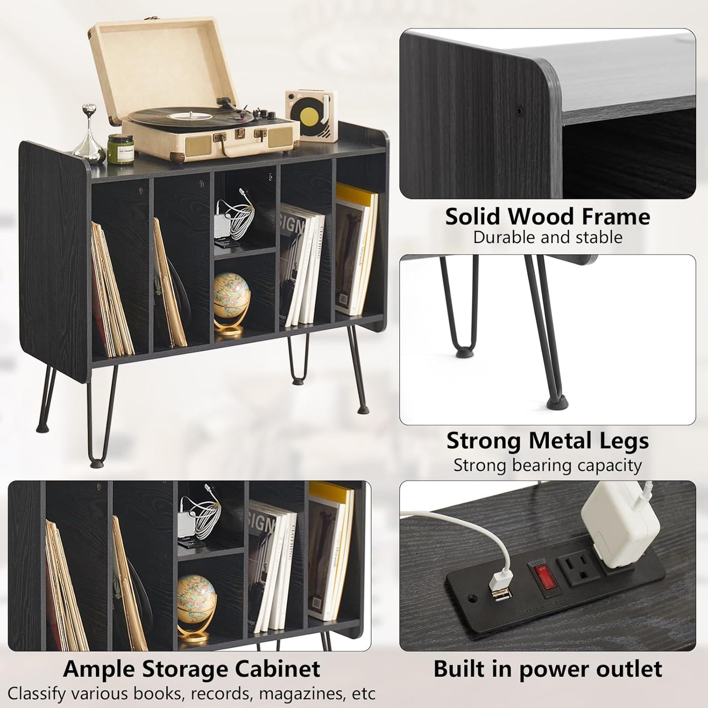 Large Record Player Stand with Vinyl Storage, Black Record Player Table with Power and USB Port, Holds Up to 200 Albums, Turntable Stand with Record Storage, Vinyl Record Player Storage Cabinet