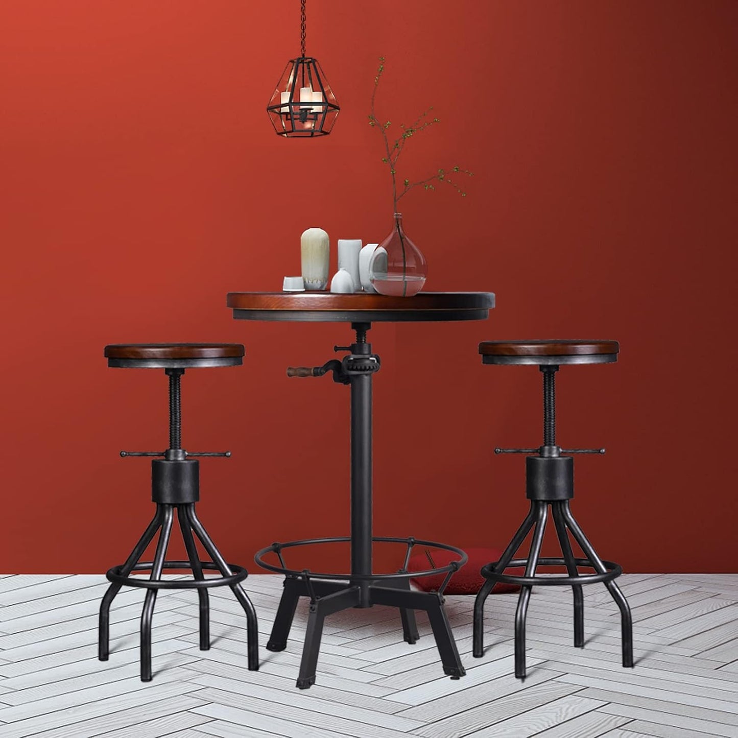 LOKKHAN Industrial Bar Table-33.5-39.4 Inch Tall-Adjustable Bar Height Pub Table-23.7 Inch Swivel Round Wood Top Metal Base-Easily Adjusts by Crank Handle