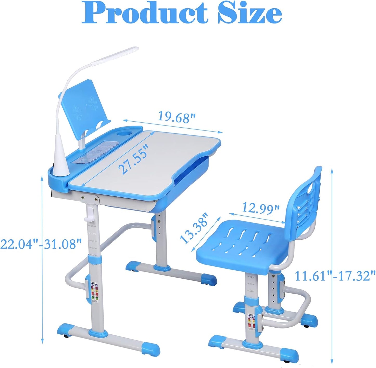 Kids Desk and Chair Set, Height Adjustable Child's School Study Writing Tables with Tilt Desktop, LED Light, Storage Drawer, Book Stand (Blue)