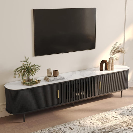 POVISON Sliding Tambour Door TV Stand, Mid Century Modern Sintered Stone TV Console, Wood Media Console for 85 Inch TV, Entertainment Center with Storage Cabinet, Fully-Assembled (Black, 94.49")