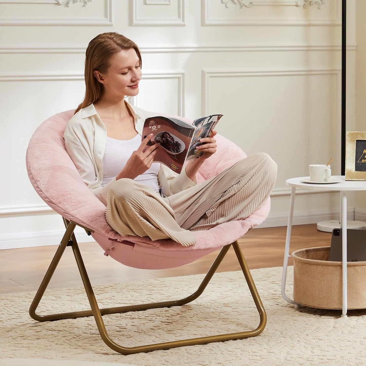 Saucer Chair Faux Fur with Soft and Thick Padded Seat Metal Frame, Modern Style Folding Cozy Chair for Living Room, Bedroom, XL, Pink