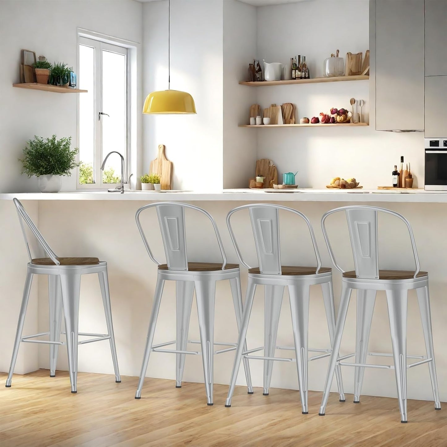 26” Swivel Bar Stools Set of 4, Counter Height Bar Stools Wooden Seat, Metal Industrial Bar Chairs with High Back for Kitchen Island (Silver)