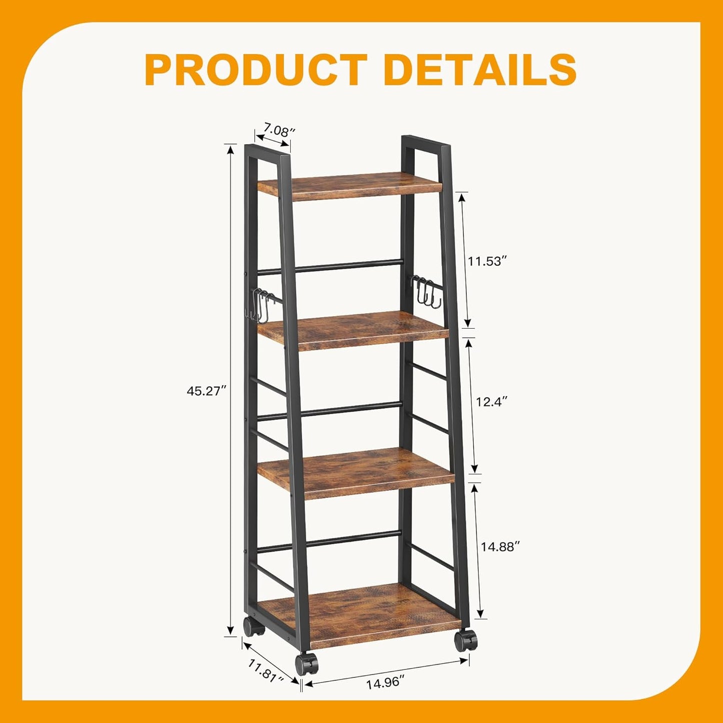 4 Tier Kitchen Storage Cart with Lockable Wheels & 6 Hooks, Mobile Utility Organizer Rolling Cart for Small Spaces, Bar Cart for Kitchen and Living Room, Rustic Brown