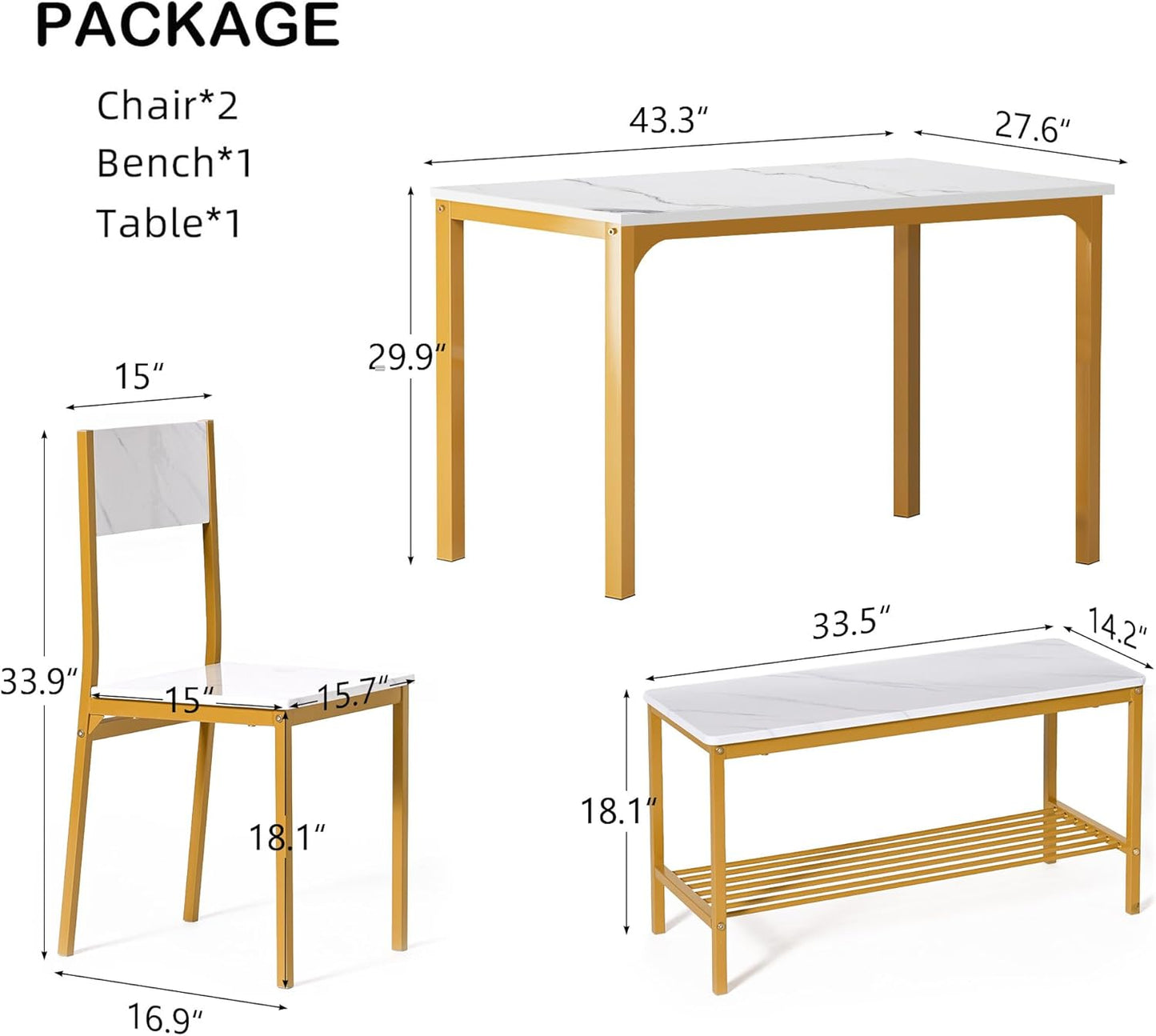 sogesfurniture 4-Piece Bench Style Dining Table Set, 4-Person Space-Saving Dinette for Kitchen，43'' Wood Kitchen Table & Chair Set for Breakfast Nook and Small Space, Glod&White