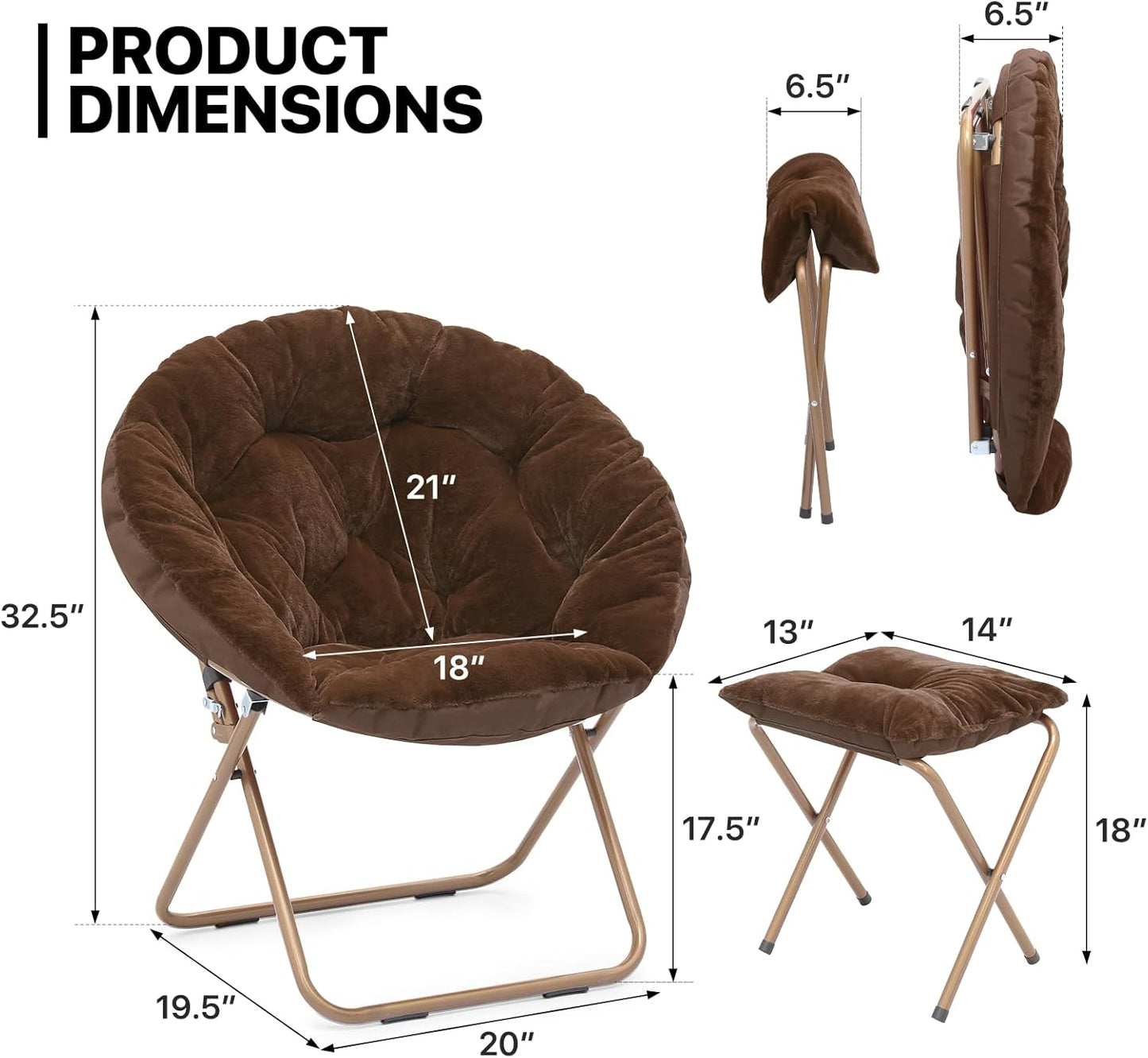 MoNiBloom Round Folding Faux Fur Saucer Chair for Bedroom Living Room Dorm Foldable Metal Frame Oversized Large Comfy Furry Padded Soft Cozy Moon Chair with Footrest Ottoman for Adults (Brown)