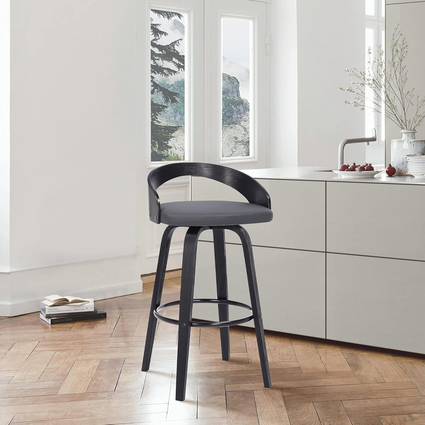 Armen Living Sonia 30" Bar Height Swivel Gray Faux Leather and Black Wood Bar Stool