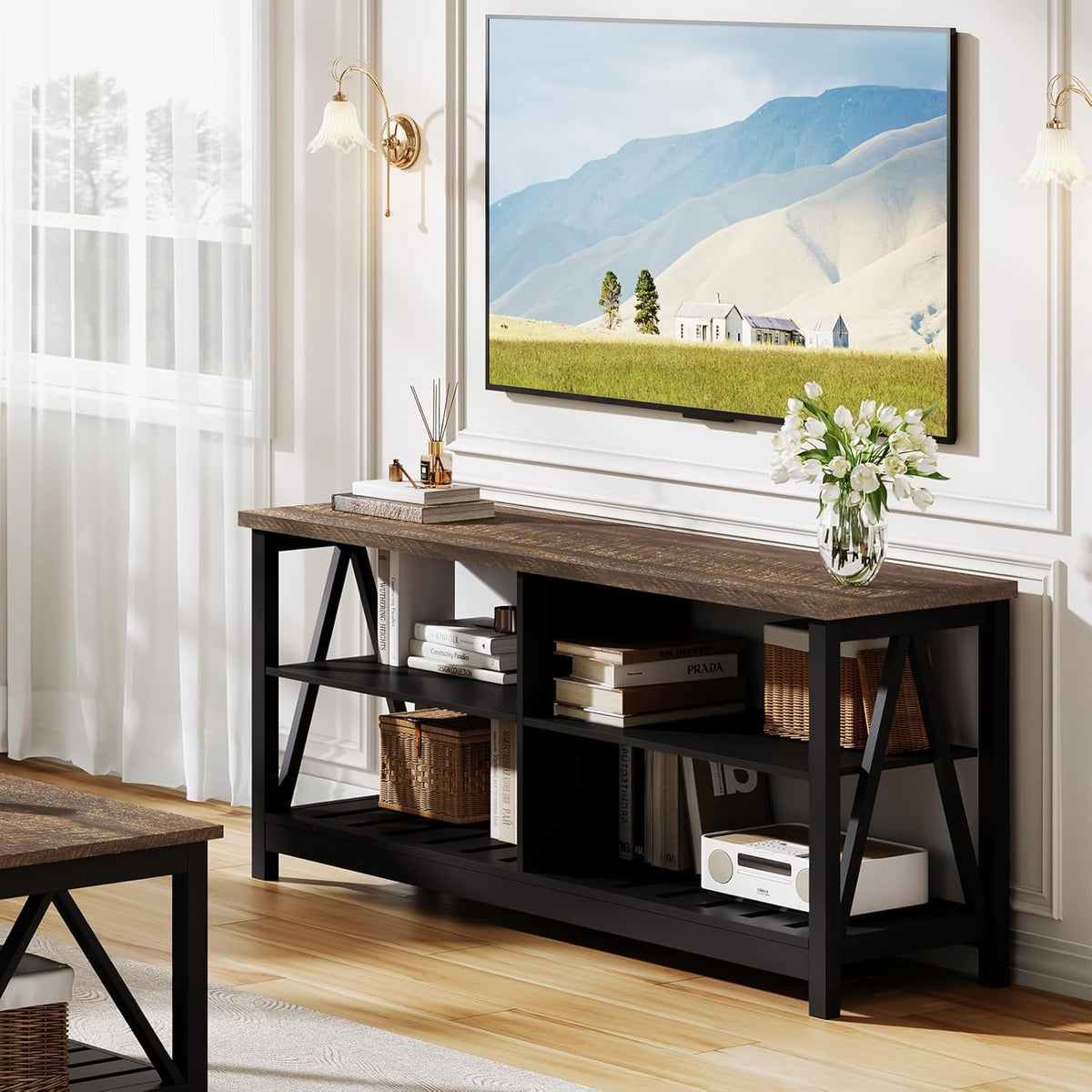 ChooChoo Farmhouse TV Stand for TVs up to 55 Inch, Modern Entertainment Center with 4 Open Shelves & Built-in Cable Holes, Media TV Console for Living Room, Bedroom, Black