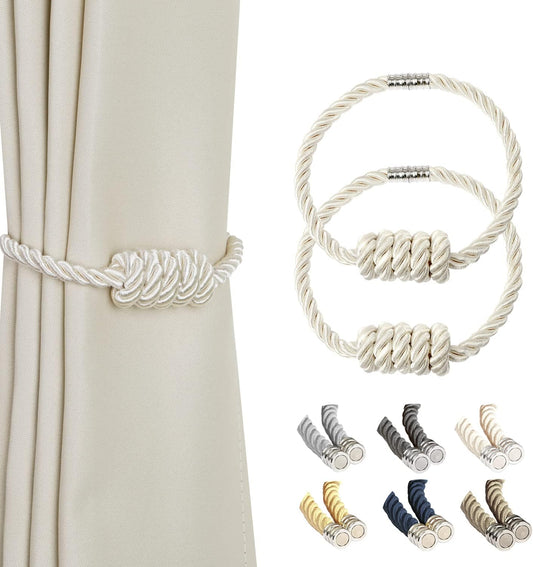 BEL AVENIR Magnetic Curtain Tiebacks, Decorative Drapery Holdbacks Modern Woven Tie-Backs with Exquisite Knot (Beige, 2 Pack)