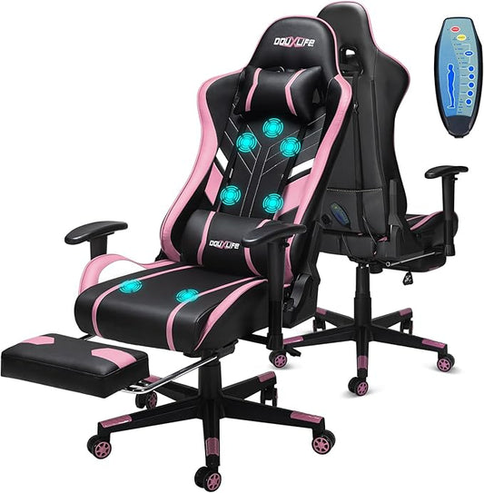 Douxlife 7-Point Massage Gaming Chair, 175° Gaming Recliner with Footrest Ergonomic Computer Office Chair High Back Video Game Chair with Lumbar Support, Upgraded Version, Black and Pink