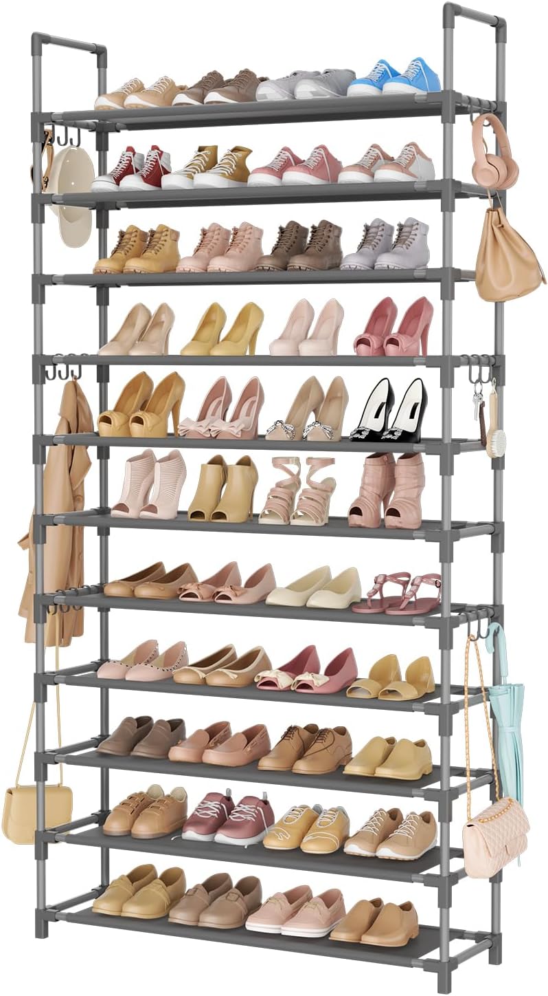 11 Tiers Tall Shoe Rack Holds 55 Pairs of Shoes with 18pcs Hooks Sturdy Wide Shoe Organizer Storage Free Standing Metal Shoe Shelf for Closet, Entryway Grey