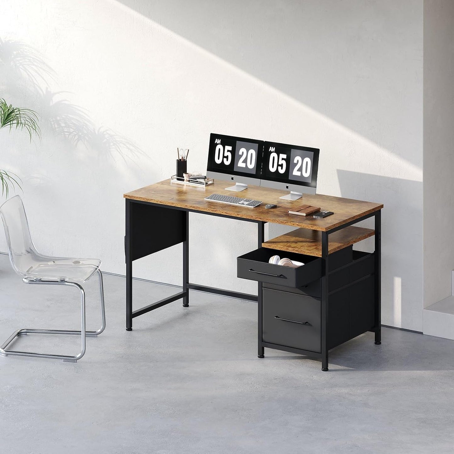 Ｍａｉｈａｉｌ Maihail Computer Desk with Drawers, 47 Inch Desk with 2 Drawers and Shelves, Office Table with Storage, Home Office desks, Metal Frame for PC Laptop, Rustic Brown