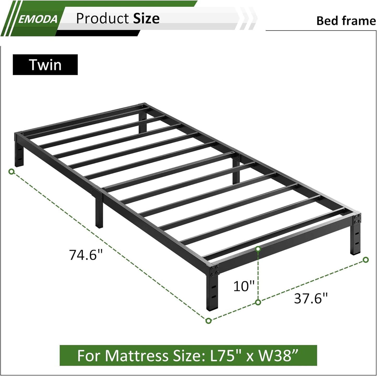 EMODA 10 Inch Twin Bed Frames No Box Spring Needed, Heavy Duty Metal Twin Platform Bed Frame, Noise Free, Easy Assembly, Black