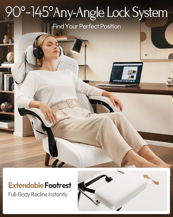 Dowinx Gaming Video Gaming Chair with Shiatsu Neck Massager and Lumbar Support for Home Office High Back Recliner Height Adjustable Ergonomic Comfy Leather Computer Desk Chair (Lvory)