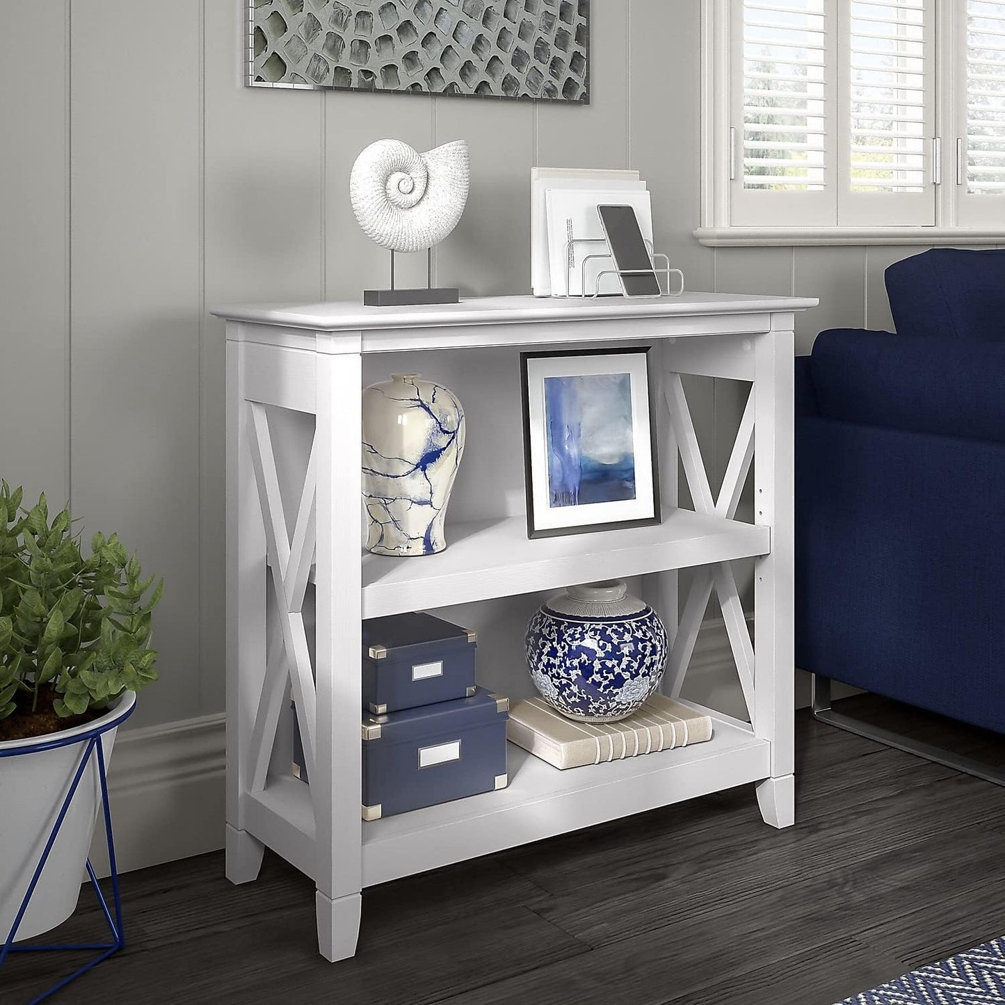Bush Furniture Key West Small 2 Shelf Bookcase in Pure White Oak, Compact Home Organizer, Vertical Storage Solution, Bookshelf for Office or Living Room