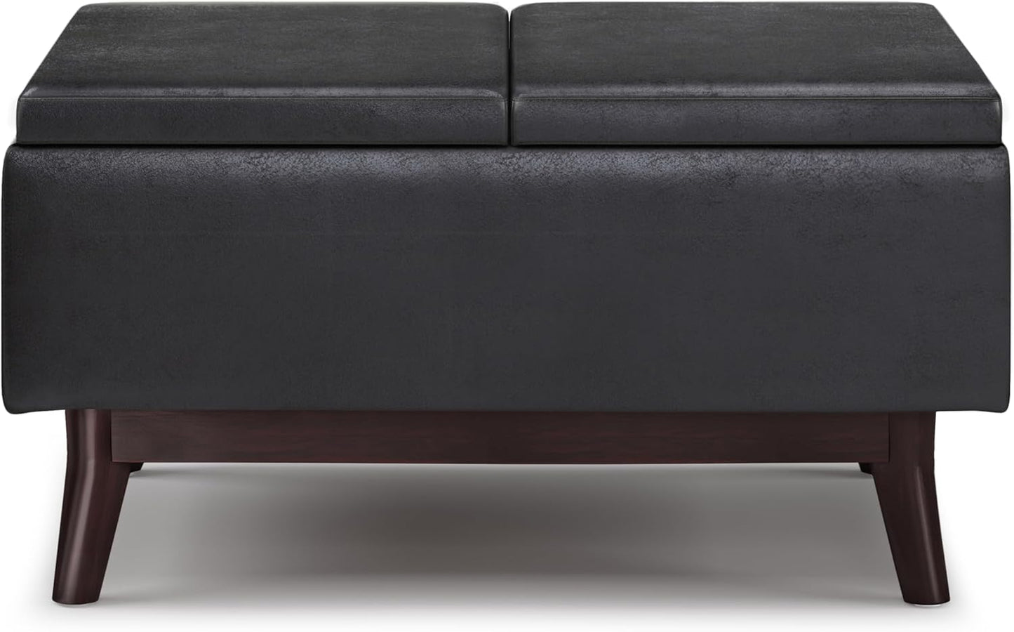 SIMPLIHOME Owen 34 inch Wide Mid Century Modern Rectangle Tray Top Small Coffee Table Storage Ottoman in Distressed Black Vegan Faux Leather, Assembled, for the Living Room, Entryway and Family Room