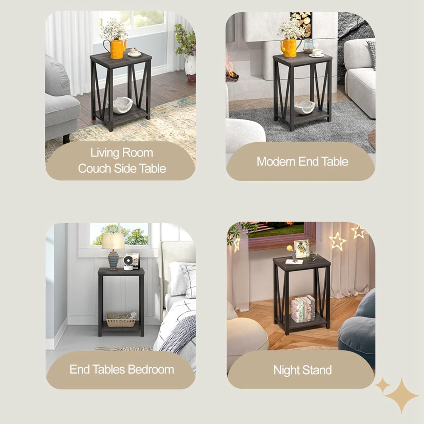 FOLUBAN Small Side Table, Rustic Wood and Metal End Table with Storage, Vintage Night Stand for Living Room Bedroom Office, Dark Gray