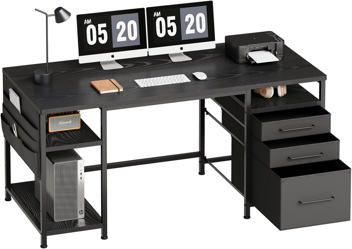 Ｍａｉｈａｉｌ Maihail Home Office Desk with Drawers Adjustable Shelves, 59 inch Writing Desk with File Cabinet, Large Computer Desk with Storage, Vintage, Black