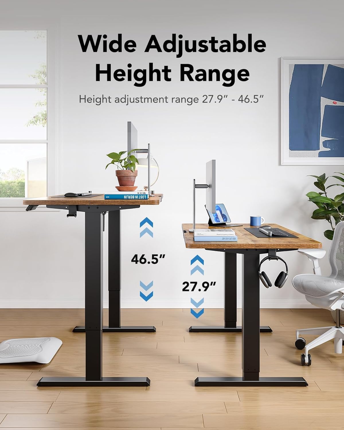 HUANUO 63" x 28" Electric Standing Desk Adjustable Height, 4 Memory Height Settings, Headphone Hook, Cable Manager, Sit Stand Up Desk for Home Office & Computer Workstation, Vintage Brown