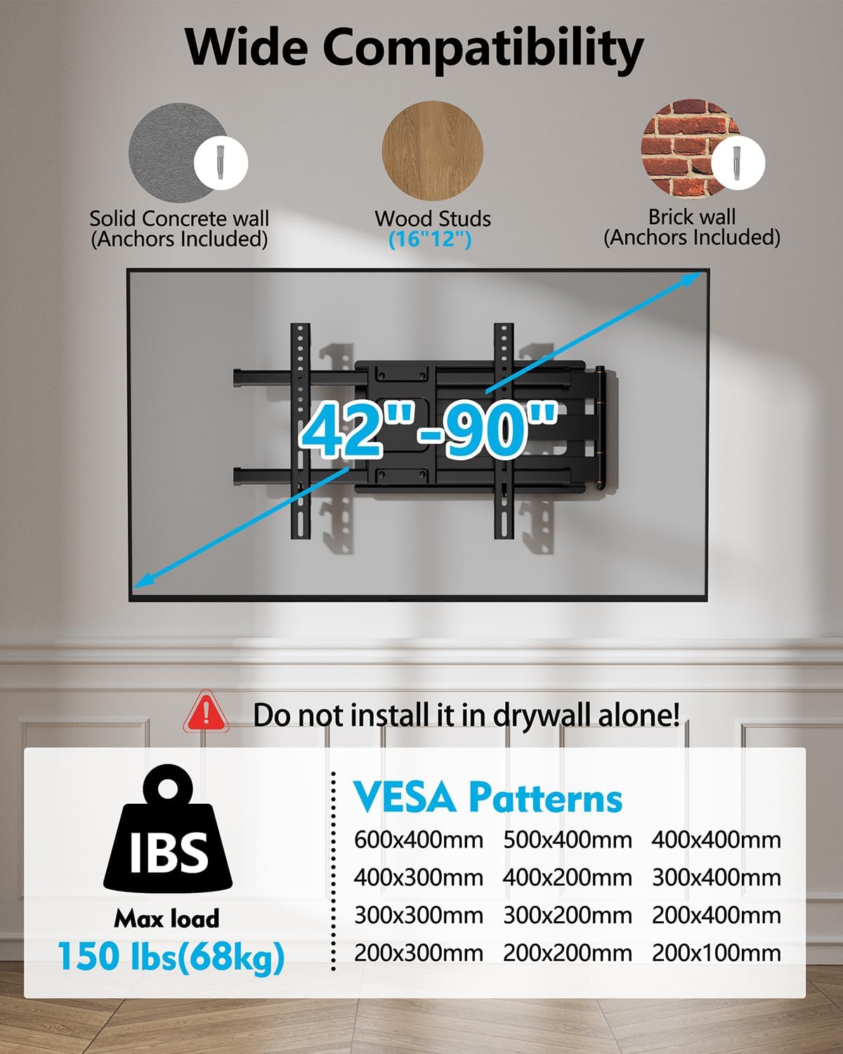 FORGING MOUNT Long Arm TV Wall Mount for 42-90 Inch TVs up to 150 lbs, 36 Inch Extension Full Motion Articulating Wall Mount with Height Setting, Swivel and Tilt, VESA 600x400mm, 8"/12"/16" Wood Studs
