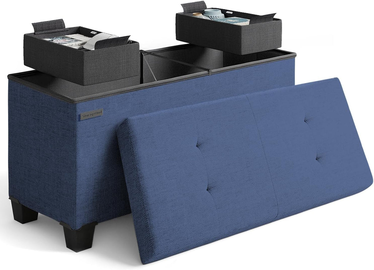 STORAGEBUD Storage Ottoman Bench with Bins, 30-in Storage Bench for Bedroom End of Bed, Folding Foot Rest Ottoman for Living Room Max 660lbs, Fabric Ottomans, Blue