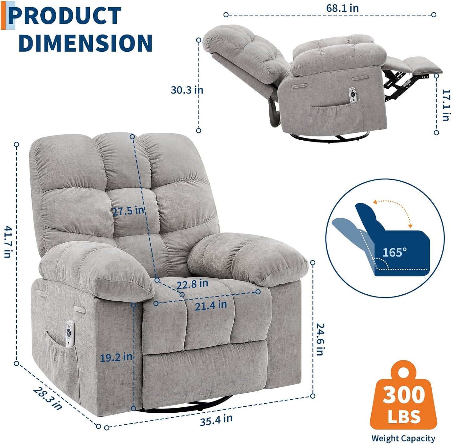 Rocking Recliner Chair with Vibration Massage & Heat, 360° Swivel Oversized Rocker Recliner with Side Pocket for Living Room, Bedroom & Nursery