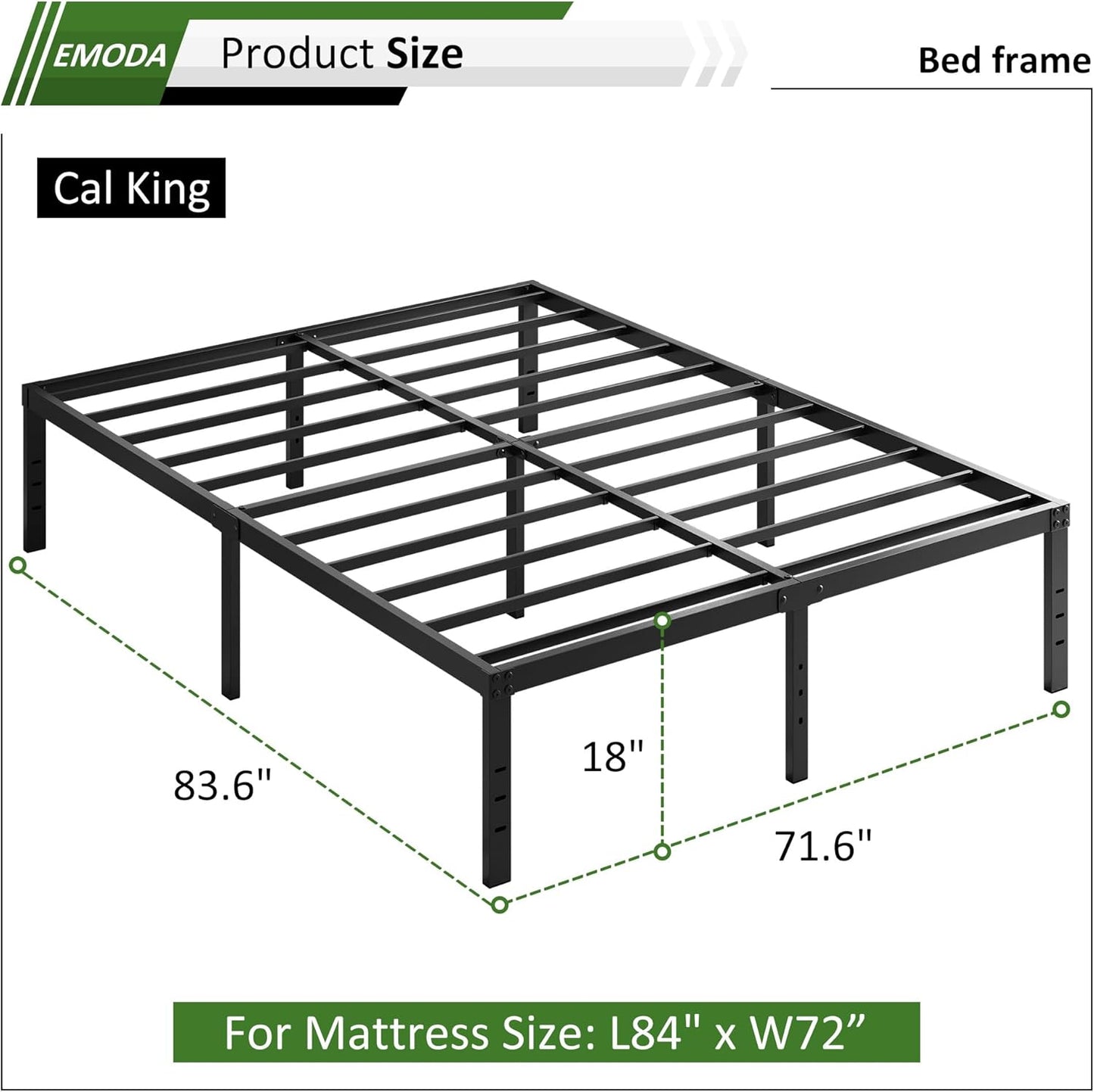 EMODA 18 Inch California King Bed Frames Heavy Duty Tall Metal Cal King Platform with Large Storage Space, No Box Spring Needed, Noise Free, Black