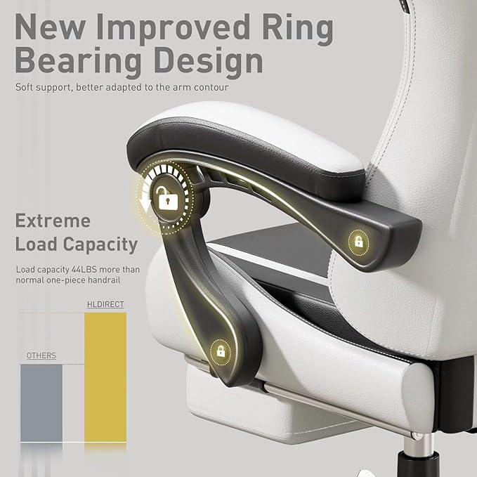 HLDIRECT Gaming Chair, Ergonomic Video Game Seat with 360° Swivel & Lumbar Massage, Computer Chair PU Leather Cushion for Adults Home/Office Use (Black & White)