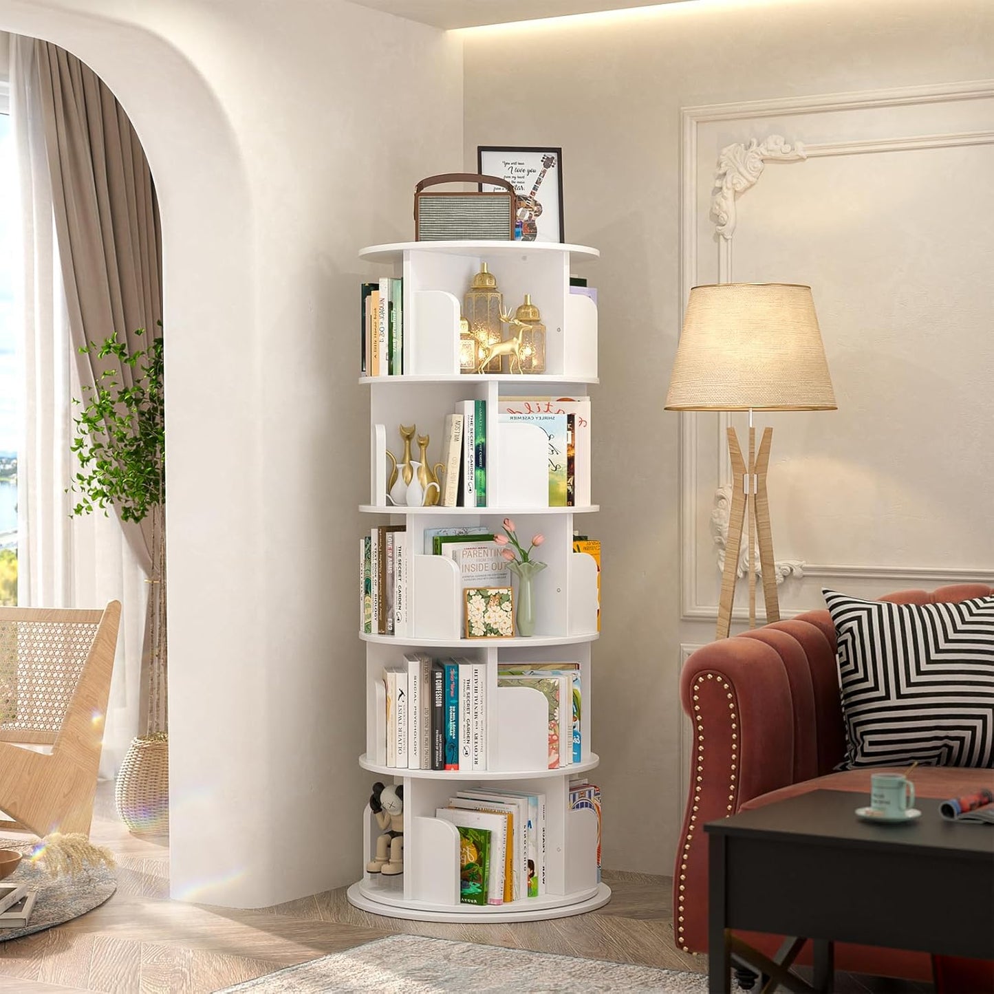 Aheaplus Rotating Bookshelf, 360 Display Wood Spinning Bookshelf Tower, 5 Tier Floor Standing Bookcase Storage Rack, Revolving Bookcase Corner Bookshelfs for Small Space, Bedroom, Study Room, White