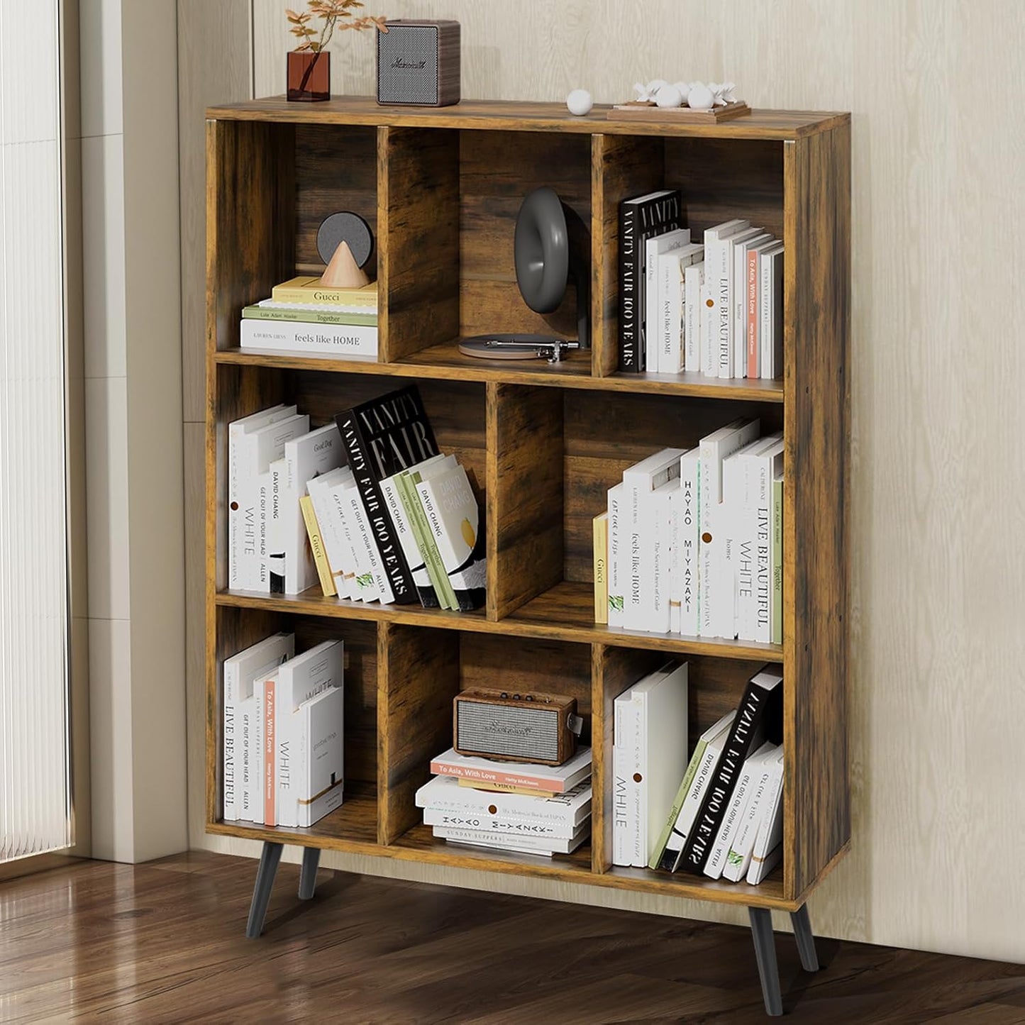 Bookshelf, 3-Tier 8 Cube Open Wooden Book Shelf with Legs, Floor Standing Office Bookcase, Wooden Bookcase for Office Furniture, Cubby Storage Organizer for Living Room/Bedroom
