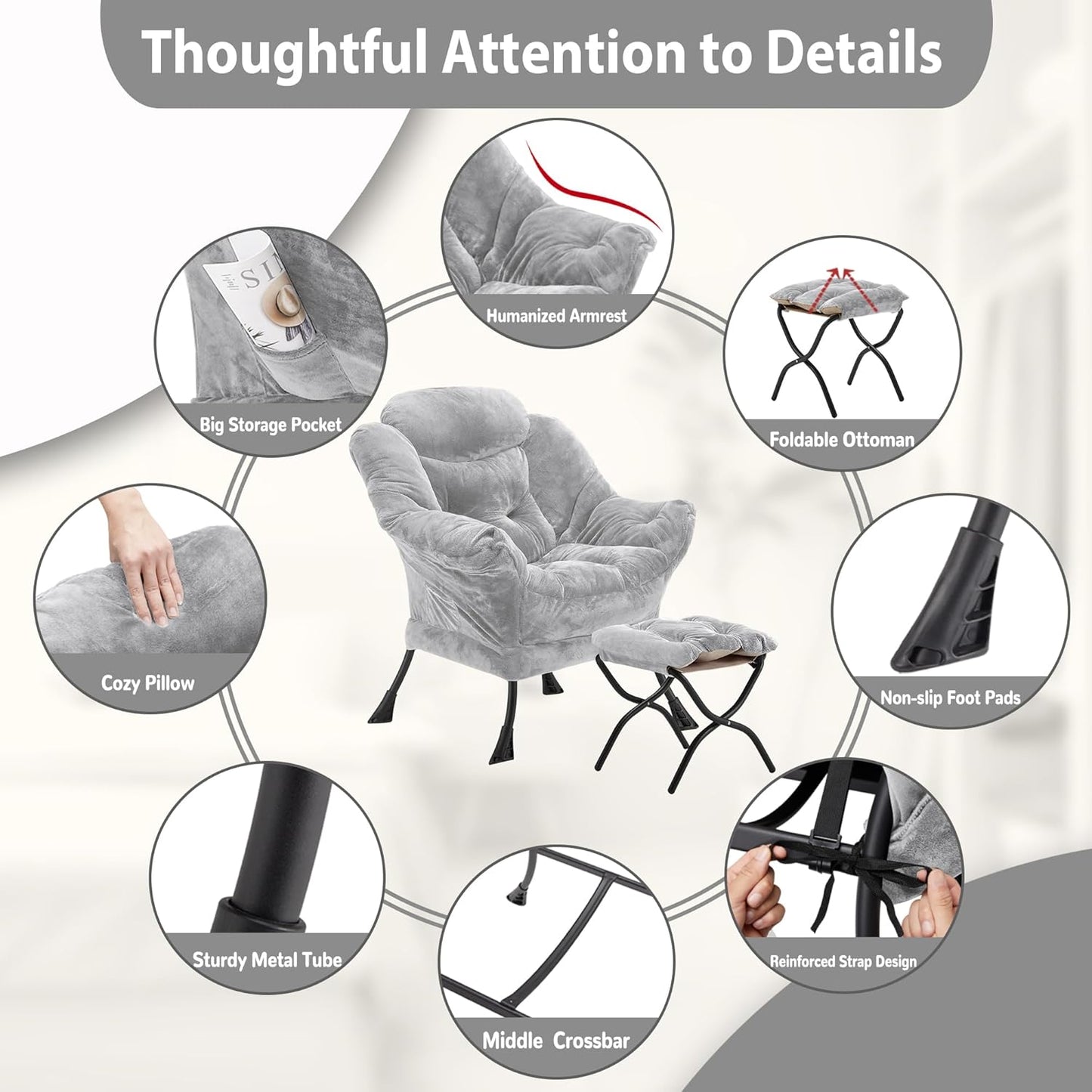 Lazy Chair with Folding Ottoman, Accent Chair Plush Upholstered with Metal Structure and Non-Slip Pads, Sofa Armchair with Footrest and Side Storage Bag for Dorm, Room, Office, Light Gray
